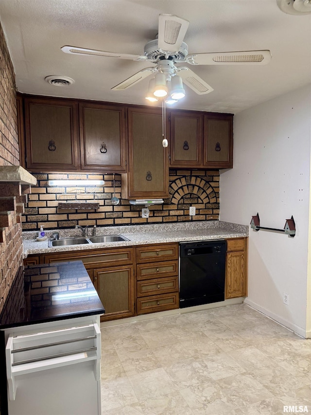 3813 W Brighton Ave, Peoria, IL 61615 - kitchen with black dishwasher, decorative backsplash, ceiling fan, and light countertops