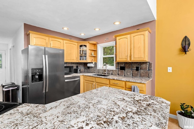 161 Lakecrest Pl, Dahinda, IL 61488 - kitchen with appliances with stainless steel finishes, tasteful backsplash, light stone countertops, glass insert cabinets, and light brown cabinetry