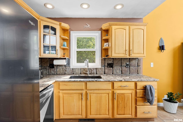 161 Lakecrest Pl, Dahinda, IL 61488 - kitchen with appliances with stainless steel finishes, open shelves, light brown cabinetry, light stone countertops, and decorative backsplash