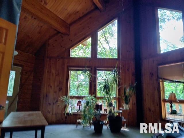 130 Zimmerman Rd, Spring Bay, IL 61611 - dining area with wooden walls, a wood ceiling with exposed beams, and high vaulted ceiling
