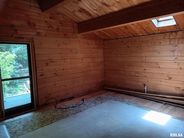 130 Zimmerman Rd, Spring Bay, IL 61611 - empty room featuring a skylight, wood-type flooring, wooden walls, and wooden ceiling