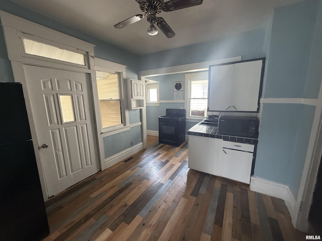 1712 W Bradley Ave, Peoria, IL 61606 - kitchen featuring tile counters, dark wood-style floors, and ceiling fan