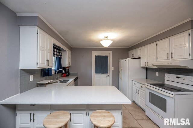 1200 Highview Rd, East Peoria, IL 61611 - kitchen featuring white appliances, under cabinet range hood, a peninsula, decorative backsplash, and ornamental molding