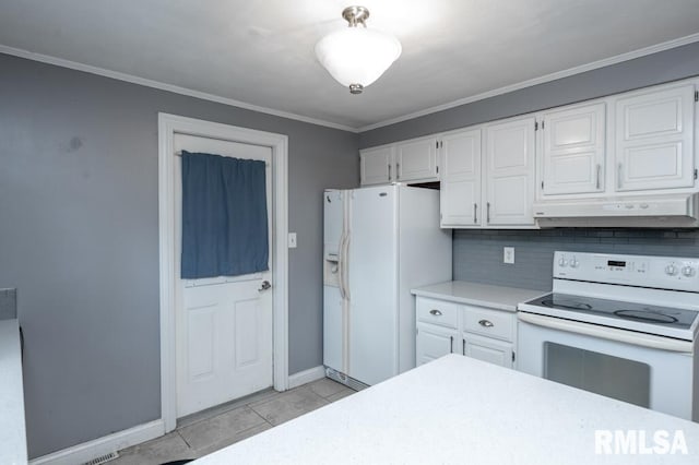 1200 Highview Rd, East Peoria, IL 61611 - kitchen featuring under cabinet range hood, white appliances, light countertops, white cabinets, and light tile patterned floors
