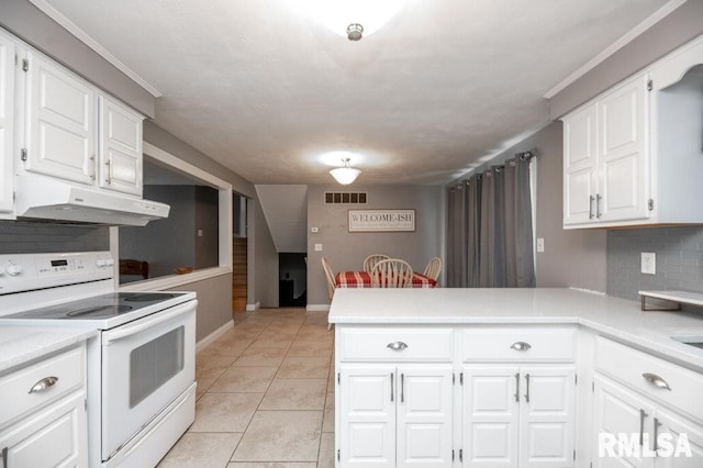 1200 Highview Rd, East Peoria, IL 61611 - kitchen featuring white range with electric stovetop, under cabinet range hood, a peninsula, light countertops, and tasteful backsplash
