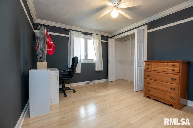 1200 Highview Rd, East Peoria, IL 61611 - home office with crown molding, ceiling fan, and wood finished floors
