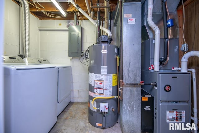 1200 Highview Rd, East Peoria, IL 61611 - utility room with water heater, electric panel, washing machine and dryer, and heating unit