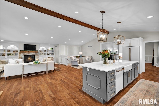 12804 W Dell Rd, Princeville, IL 61559 - kitchen with gray cabinets, dishwasher, open floor plan, dark wood-style flooring, and recessed lighting