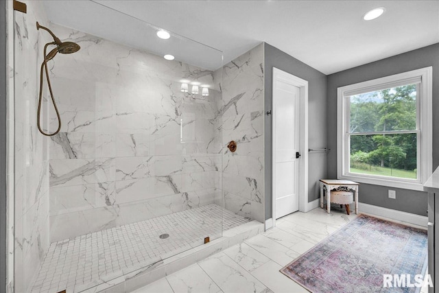 12804 W Dell Rd, Princeville, IL 61559 - full bath with marble look tile flooring, a chandelier, recessed lighting, and a marble finish shower