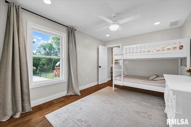 12804 W Dell Rd, Princeville, IL 61559 - bedroom with wood finished floors, recessed lighting, and ceiling fan