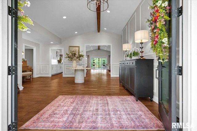 12804 W Dell Rd, Princeville, IL 61559 - entrance foyer featuring dark wood-style floors, a decorative wall, recessed lighting, stairway, and a chandelier
