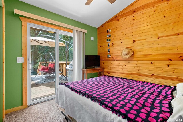 175 Lakecrest Pl, Dahinda, IL 61488 - carpeted bedroom featuring lofted ceiling, access to outside, wooden walls, and ceiling fan
