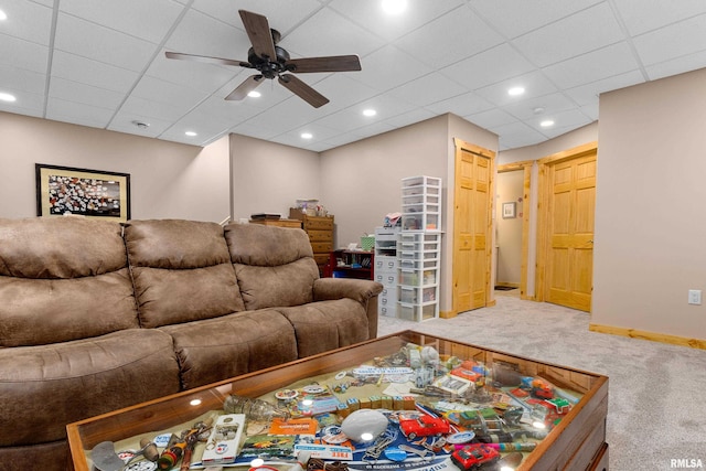175 Lakecrest Pl, Dahinda, IL 61488 - carpeted living room with ceiling fan, a paneled ceiling, and recessed lighting