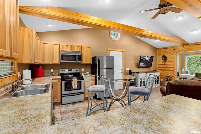 175 Lakecrest Pl, Dahinda, IL 61488 - kitchen featuring stainless steel appliances, light brown cabinets, open floor plan, light countertops, and a ceiling fan