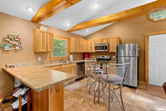 175 Lakecrest Pl, Dahinda, IL 61488 - kitchen featuring appliances with stainless steel finishes, light brown cabinets, a peninsula, light countertops, and a kitchen bar
