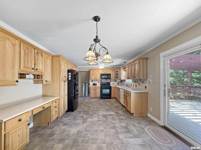 490 Oak Point Rd, Metamora, IL 61548 - kitchen with black appliances, a chandelier, light countertops, pendant lighting, and glass insert cabinets