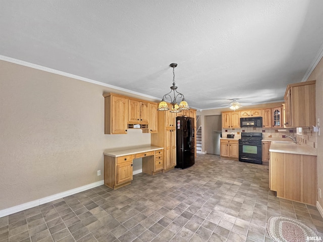 490 Oak Point Rd, Metamora, IL 61548 - kitchen featuring black appliances, ornamental molding, light countertops, ceiling fan, and glass insert cabinets
