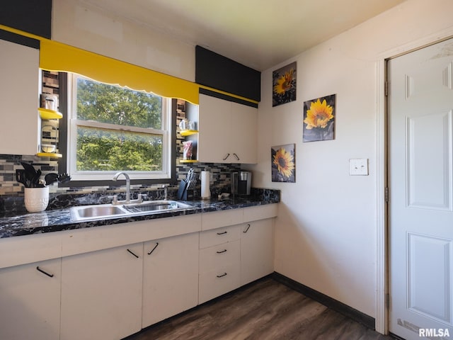 405 Washington St, Pekin, IL 61554 - kitchen featuring backsplash, dark wood-type flooring, white cabinets, and open shelves