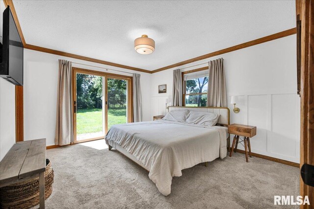 1208 S Adams Rd, Eureka, IL 61530 - bedroom with ornamental molding, access to outside, light colored carpet, wainscoting, and a decorative wall