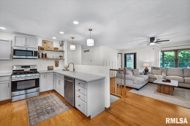 1208 S Adams Rd, Eureka, IL 61530 - kitchen with stainless steel appliances, light wood finished floors, ceiling fan, pendant lighting, and recessed lighting