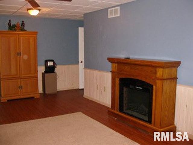 17215 N Mangold Rd, Edelstein, IL 61526 - unfurnished living room featuring a wainscoted wall, wood finished floors, and a fireplace