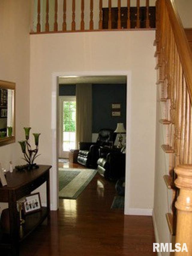 17215 N Mangold Rd, Edelstein, IL 61526 - hallway with a high ceiling, wood finished floors, and stairway