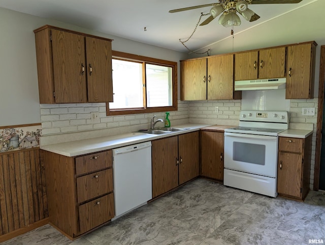 6646 Mason Rd, Manito, IL 61546 - kitchen featuring white appliances, under cabinet range hood, decorative backsplash, a ceiling fan, and vaulted ceiling