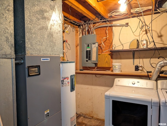 6646 Mason Rd, Manito, IL 61546 - laundry area with electric panel, electric water heater, independent washer and dryer, and heating unit