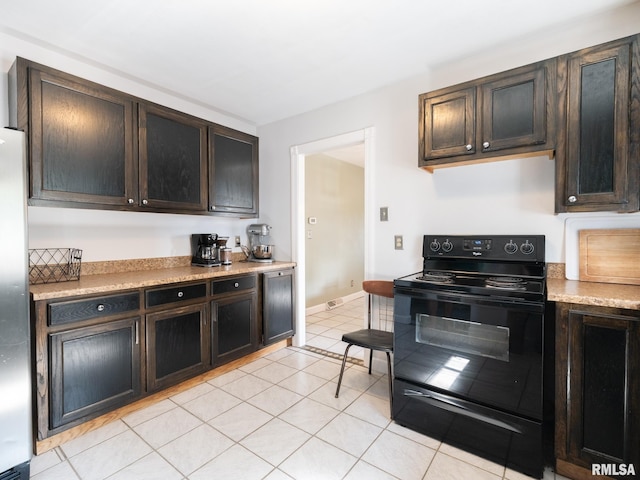 21218 E County Highway 17, Canton, IL 61520 - kitchen featuring black / electric stove, light countertops, freestanding refrigerator, and dark brown cabinetry