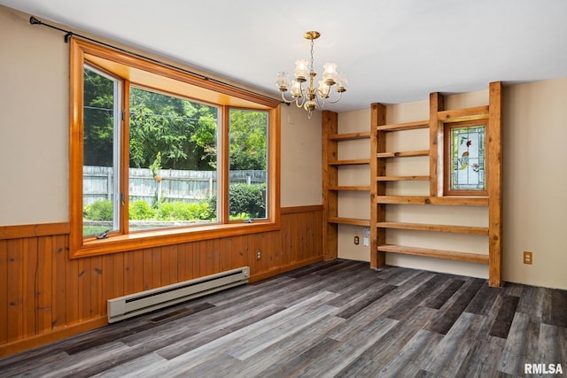 112 Iron Bark Ct, East Peoria, IL 61611 - spare room with baseboard heating, a wainscoted wall, plenty of natural light, dark wood finished floors, and wood walls