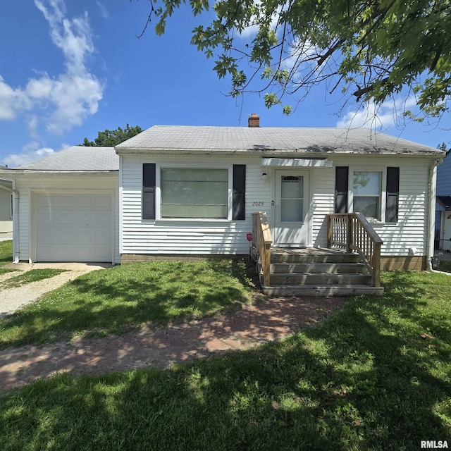 2029 W Forrest Hill Ave, Peoria, IL 61604 - single story home with an attached garage, a front yard, a chimney, dirt driveway, and roof with shingles