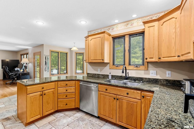 5408 N Rothmere Dr, Peoria, IL 61615 - kitchen with stainless steel dishwasher, a peninsula, a desk, recessed lighting, and stone tile floors