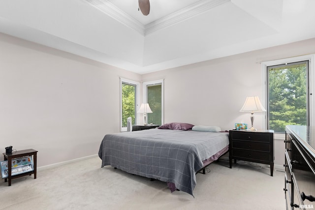 5408 N Rothmere Dr, Peoria, IL 61615 - bedroom with light colored carpet, multiple windows, ornamental molding, and a tray ceiling
