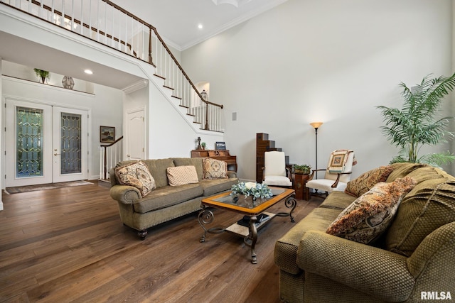 88 Waldheim Rd, Morton, IL 61550 - living area featuring stairs, ornamental molding, wood finished floors, french doors, and a high ceiling