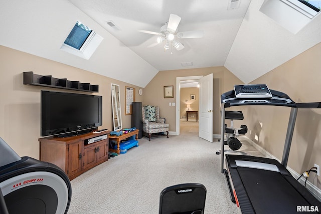 88 Waldheim Rd, Morton, IL 61550 - workout area featuring a skylight, carpet floors, vaulted ceiling, and ceiling fan