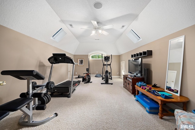88 Waldheim Rd, Morton, IL 61550 - exercise area featuring a textured ceiling, a ceiling fan, carpet, and vaulted ceiling