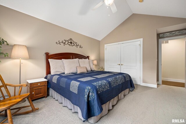 88 Waldheim Rd, Morton, IL 61550 - bedroom featuring light colored carpet, a closet, ceiling fan, and high vaulted ceiling
