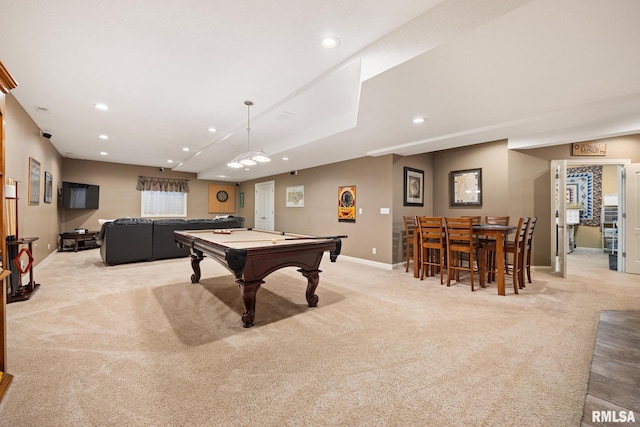 88 Waldheim Rd, Morton, IL 61550 - game room featuring light carpet, billiards, recessed lighting, and a tray ceiling