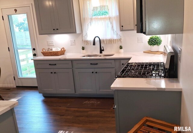 751 N 3rd St, Cuba, IL 61427 - kitchen with dark wood-style floors, light countertops, gray cabinetry, and gas range