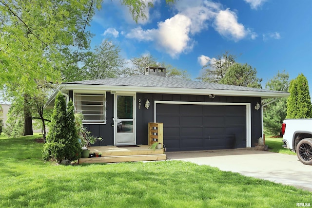 201 Willa Ln, Washington, IL 61571 - view of front facade with driveway, an attached garage, board and batten siding, a chimney, and a front lawn