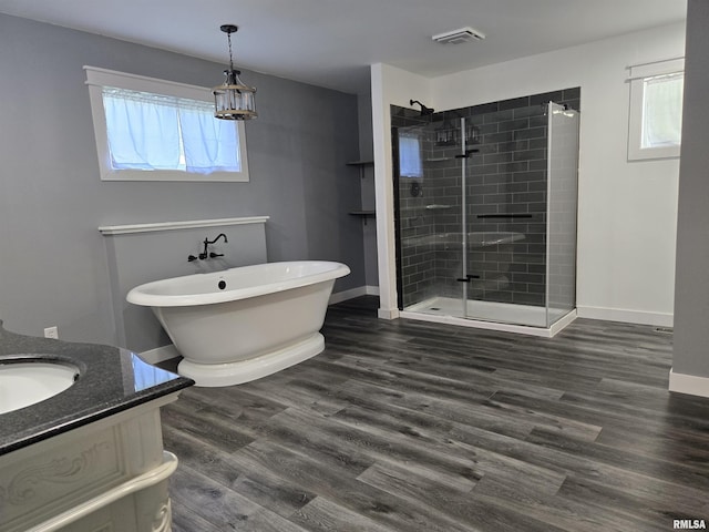 102 Conch Dr, La Harpe, IL 61450 - full bath featuring a stall shower, vanity, a freestanding bath, and wood finished floors