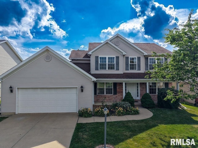 1508 W Meadowview Dr, Dunlap, IL 61525 - traditional-style house featuring driveway, a front lawn, an attached garage, brick siding, and a shingled roof
