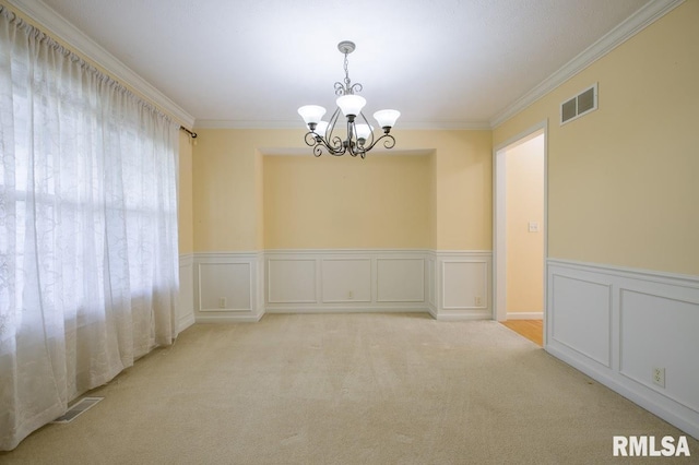 1508 W Meadowview Dr, Dunlap, IL 61525 - empty room with a chandelier, ornamental molding, wainscoting, carpet floors, and a decorative wall