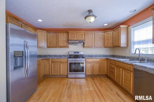 1508 W Meadowview Dr, Dunlap, IL 61525 - kitchen with appliances with stainless steel finishes, under cabinet range hood, light wood finished floors, recessed lighting, and dark countertops