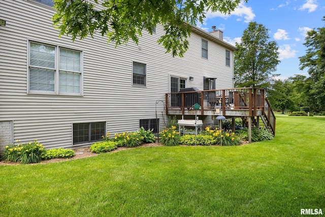 11 Lahood Ln, Washington, IL 61571 - rear view of house featuring a chimney, a wooden deck, a yard, and stairway