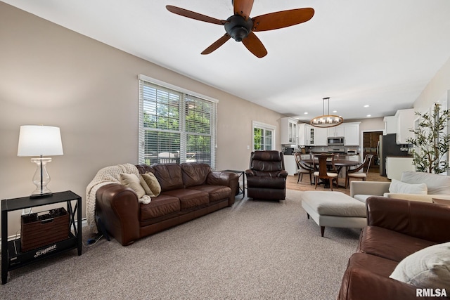 11 Lahood Ln, Washington, IL 61571 - living room with a ceiling fan, light colored carpet, and recessed lighting