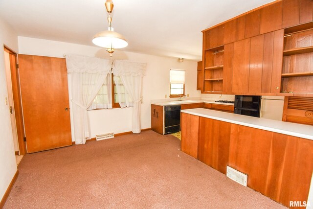 1602 Highwood Ave, Pekin, IL 61554 - kitchen with open shelves, black dishwasher, carpet floors, light countertops, and brown cabinetry