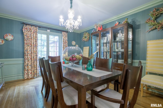 512 Hidden Ln, Peoria, IL 61614 - dining area with a chandelier, wallpapered walls, ornamental molding, wainscoting, and wood finished floors