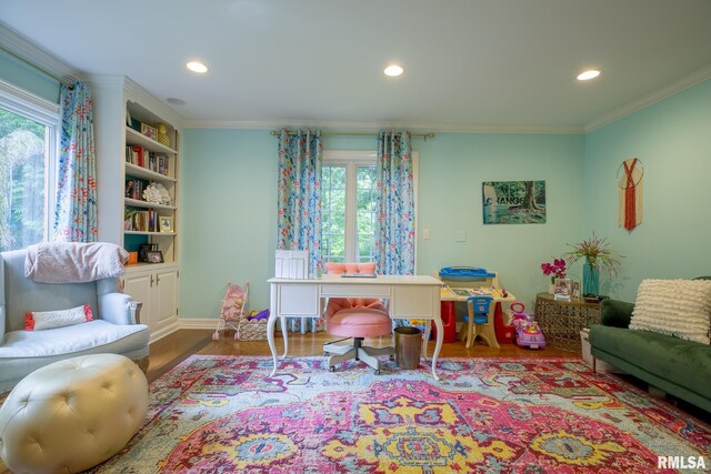 512 Hidden Ln, Peoria, IL 61614 - recreation room with healthy amount of natural light, recessed lighting, wood finished floors, crown molding, and built in features