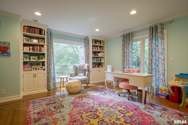 512 Hidden Ln, Peoria, IL 61614 - office space featuring crown molding, wood finished floors, plenty of natural light, recessed lighting, and built in features
